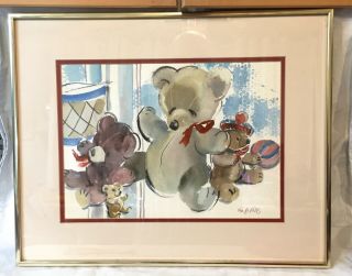 Vtg 16 " X20 " Framed Teddy Bears Watercolor By Listed Artist Vee J.  Hill