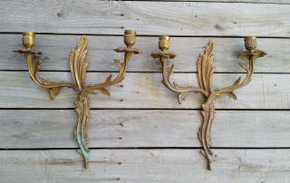 Pair Vintage Mid Century Brass Floral 2 Arm Candelabra Candle Wall Sconces India