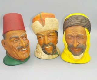 3 Vintage Bossons England Chalkware Busts Heads Sheik Mongolian Desert Men