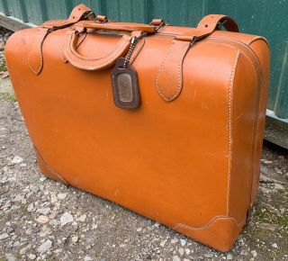 Vintage Brown Leather Cowhide Suitcase Tripak By Schell Large Satchel W/ Buckels