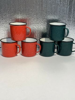 Set 6 Vintage Green Red Enamel Coffee Cup Mug Camping 3 1/2”t 4”w Black Rinmed
