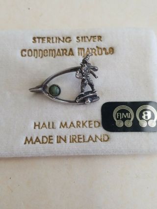 Vtg Irish Sterling Silver W Connemara Marble Leprechaun Wish Bone Pin Brooch
