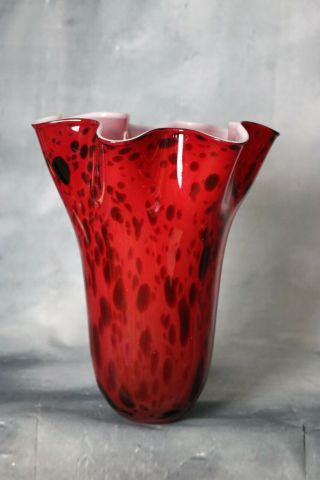 Murano Vintage Italian Art Glass Red& White Handkerchief Vase 12 "