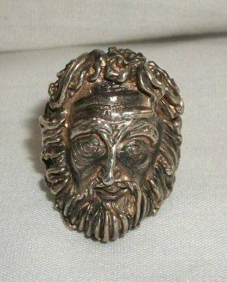 Vintage Large Chunky Silver Tone Bearded Face Ring Size 8.  5