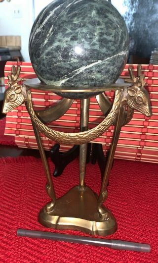 Large Carved Stone Sphere Green Marble With Vintage Brass Stand.