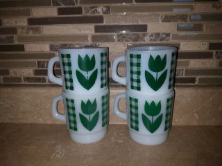 4 Vtg Termocrisa Milk Glass Coffee Mugs Green Tulip Flowers & Gingham Check Vgc