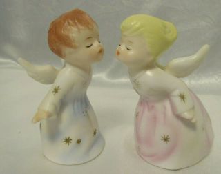 Vintage Christmas Schmid Bros Porcelain Kissing Angels Pink Girl Blue Boy 3½ " Ta