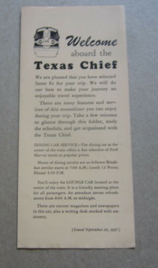 Old Vintage 1957 Santa Fe Railroad - Texas Chief Train Brochure - Welcome Aboard