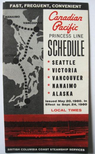 1960 Canadian Pacific Cp Princess Line Schedule Steamship Seattle Alaska Canada