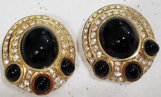 Ciner Moghul Vintage Cabachon Black Onyx Glass Paved Rhinestones Clip Earrings