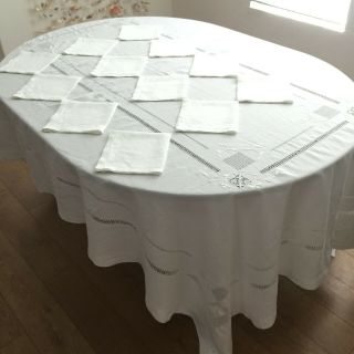 Linen Tablecloth,  12 Napkins Set 100x68 Rectangle Embroidered Cutwork Vintage