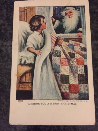 Vintage Christmas Postcard Santa Claus Green Suit Quilt Child Ullman Gassaway