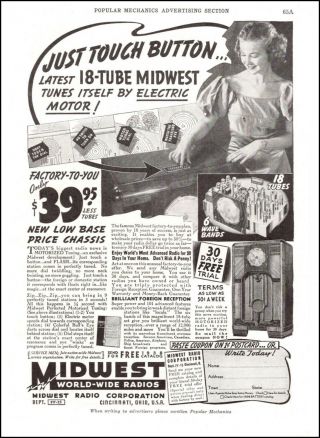 1937 Vintage Ad Midwest World Wide Radios 18 Tube,  Push Button Tuning 022020