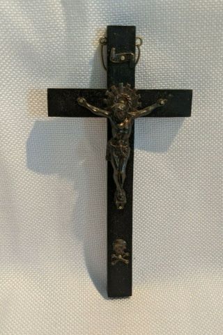 Vintage Antique Religious Cross Crucifix Dark Wood With Skull