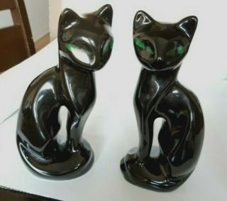 Vtg Pair Artmark Black Siamese Cat Green Eyes Ceramic Figure Made In Taiwan