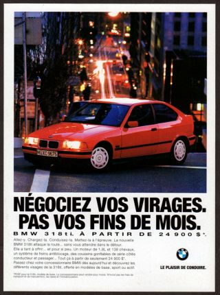 1993 Bmw 318ti Vintage Print Ad Red Car Photo Night Town Canada French