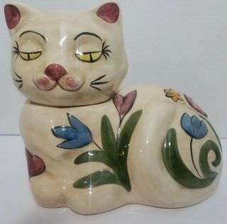 Vintage Sleepy Cat Hand Crafted Ceramic Cookie Jar Pastel Colors Spring Decor