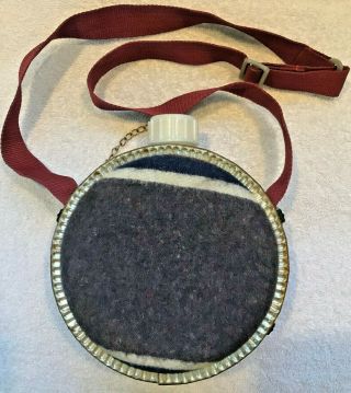 Vintage Round Canteen Wool & Galvanized Metal W/ Strap 7.  5 Inch Diameter