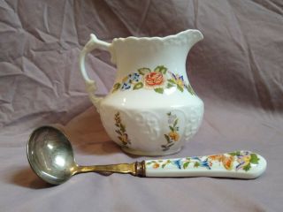 Vintage Aynsley Porcelain Cottage Garden Creamer,  Silver Plated Jam Ladle Spoon