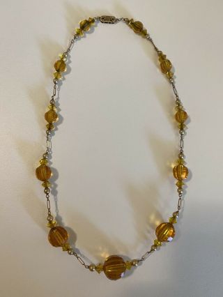 Vintage Estate 14k Gold Faceted Yellow Crystals And Pearl Necklace Graduated 16 "