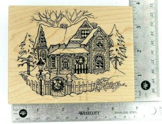 Vintage Christmas House Winter Scene Wooden Mounted Rubber Stamp Psx K - 347 1991