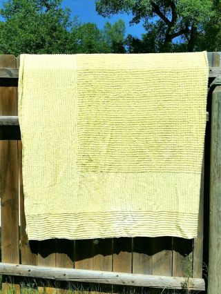 Vintage Chenille Bedspread Full/double Yellow Solid Stripe Check Pattern 90x102 "