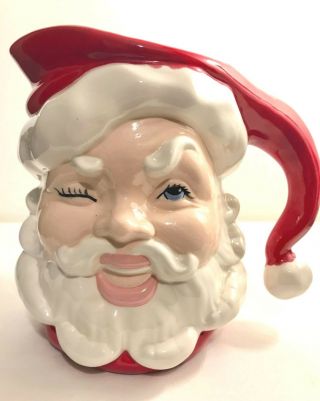 Vintage Large Santa Claus Head Ceramic Pitcher Smiling Winking Red White