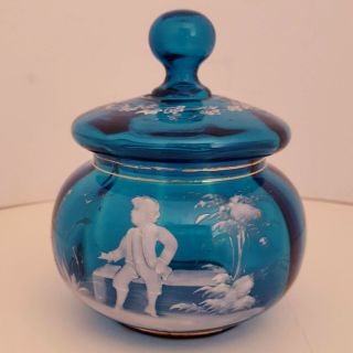 Vintage Mary Gregory Blue Crystal Glass Dresser Candy Covered Jar 4 - 3/4 "