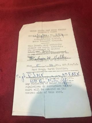 Vintage 1941 Wwii Military Operators Permit From Fort Bragg,  Nc.