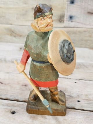 Vintage Henning Norway Hand Carved Viking Man W/ Shield & Axe 6.  5 " Tall