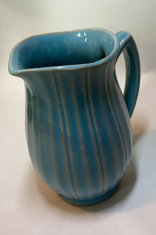 Vintage Mccoy Aqua Blue Pitcher Vase W Handle & Vertical Ribbed Signed Mccoy 8”