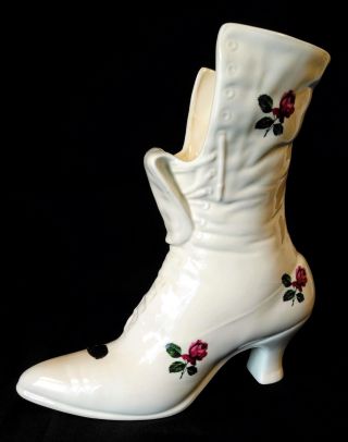 Vintage Ceramic Boot Flower Victorian Shoe Vase Pottery Planter White Bootie