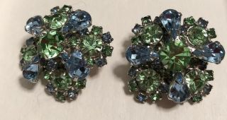 Vintage Clip Style Earrings Kramer Of York Light Blue & Green Rhinestones