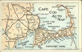1940 Massachusetts Cape Cod Auto Map Tichnor Linen Postcard 1c Stamp Vintage