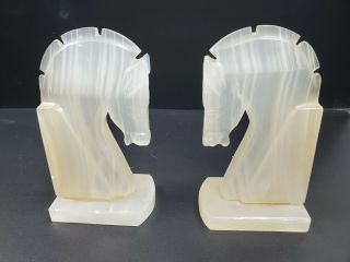 Onyx Marble 2 Vintage Natural White Stone 7 " Horse Head Bookends