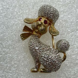 Vintage French Poodle Dog Brooch Pin Red Rhinestone Two Tone Costume Jewelry