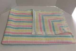 Vtg White Pastel Pink Blue Stripe Acrylic Nylon Trim Thermal Baby Blanket