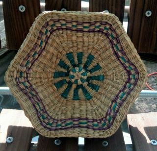 Vintage Hand Woven Six Sided Sweet Grass Basket Tight Lid