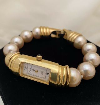 Estate Vintage Carolee Swiss Women’s Wristwatch Gold Tone Faux Pearl Bracelet