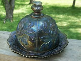Vintage Imperial Covered Butter Dish Domed Round Open Rose Luster Carnival Glass