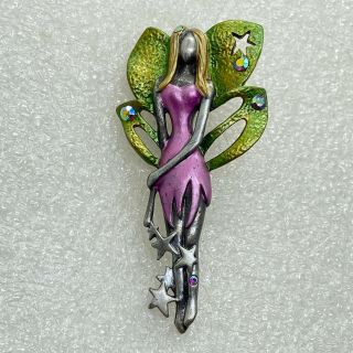 Signed Pd Vintage Fairy Brooch Pin Pendant Ab Rhinestone Enamel Stars Jewelry