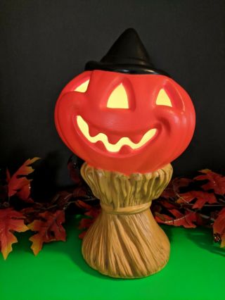 Vintage Ceramic Lighted Jol Pumpkin Witch Hat Corn Stalk Halloween Decoration