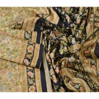 Sanskriti Vintage Cream Sarees 100 Pure Silk Printed Sari Craft Decor Fabric 2
