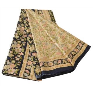 Sanskriti Vintage Cream Sarees 100 Pure Silk Printed Sari Craft Decor Fabric 3