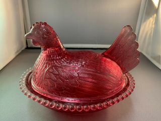 Vintage Indiana Glass Hen On Nest - - Cranberry Red Colored Glass