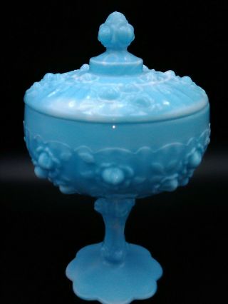 Vintage Fenton Blue & White Slag Glass Covered Footed Candy Dish Cabbage Rose