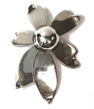 Vintage Taxco Mexico Heavy Sterling Silver Modernist Floral Brooch - 15.  7 Grams