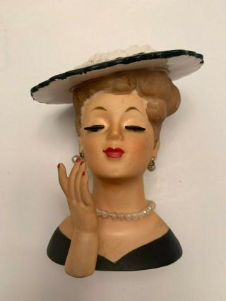 Vintage Mid - Century 1958 Napco Lady Head Vase With Black Hat - C3343a - Beauty