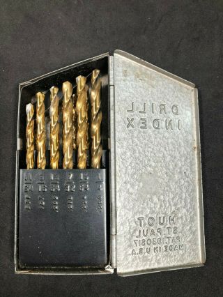 Vintage Huot Drill Index 13 Bit Set W/metal Case 1/16” - 1/4” St.  Paul Made In Usa