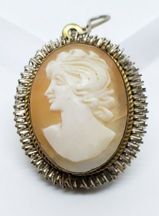 Ornate Vintage Signed 800 Silver Gold Gilt Carved Cameo Maiden Shell Pendant
